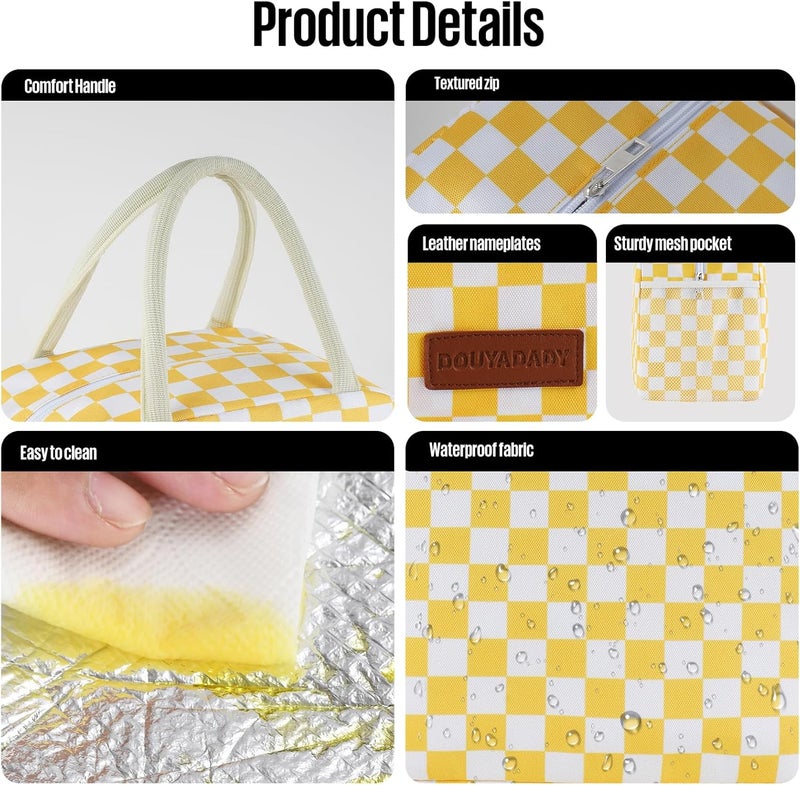 douyadady Lunch Bag Women/Men Lunch Box Women/Men (Yellow+White Checkerboard) - Image 4